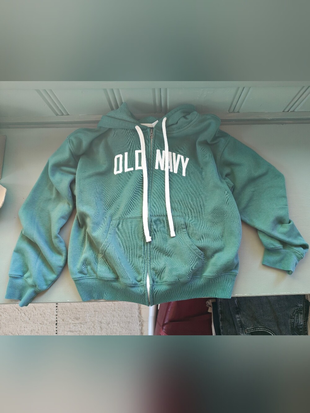 Old Navy Teal Green Full-Zip Hoodie with White Drawstrings